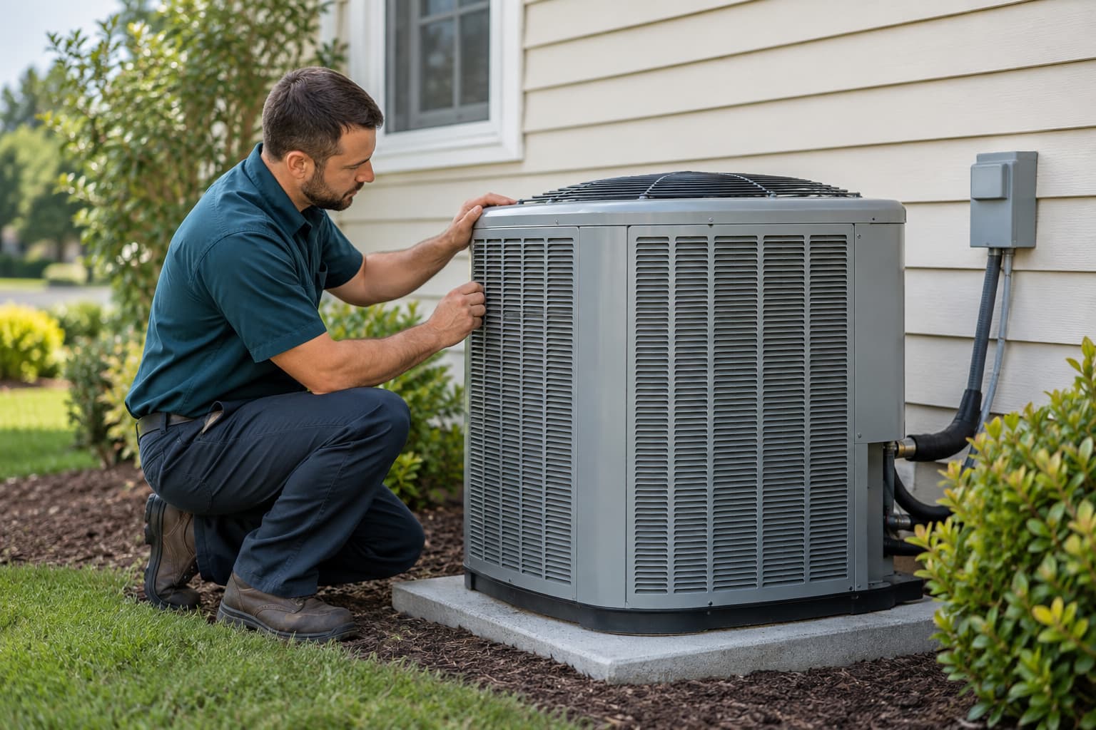 Illustrative scene of a residential HVAC technician inspecting an outdoor air conditioning system
